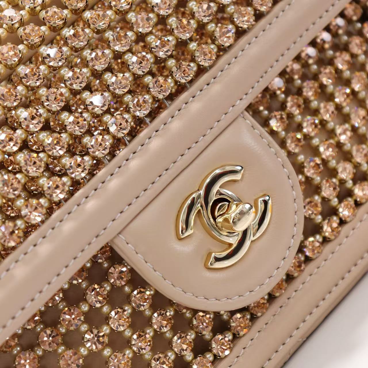 CC Crystal Flap Bag With Pouch Beige Lambskin
