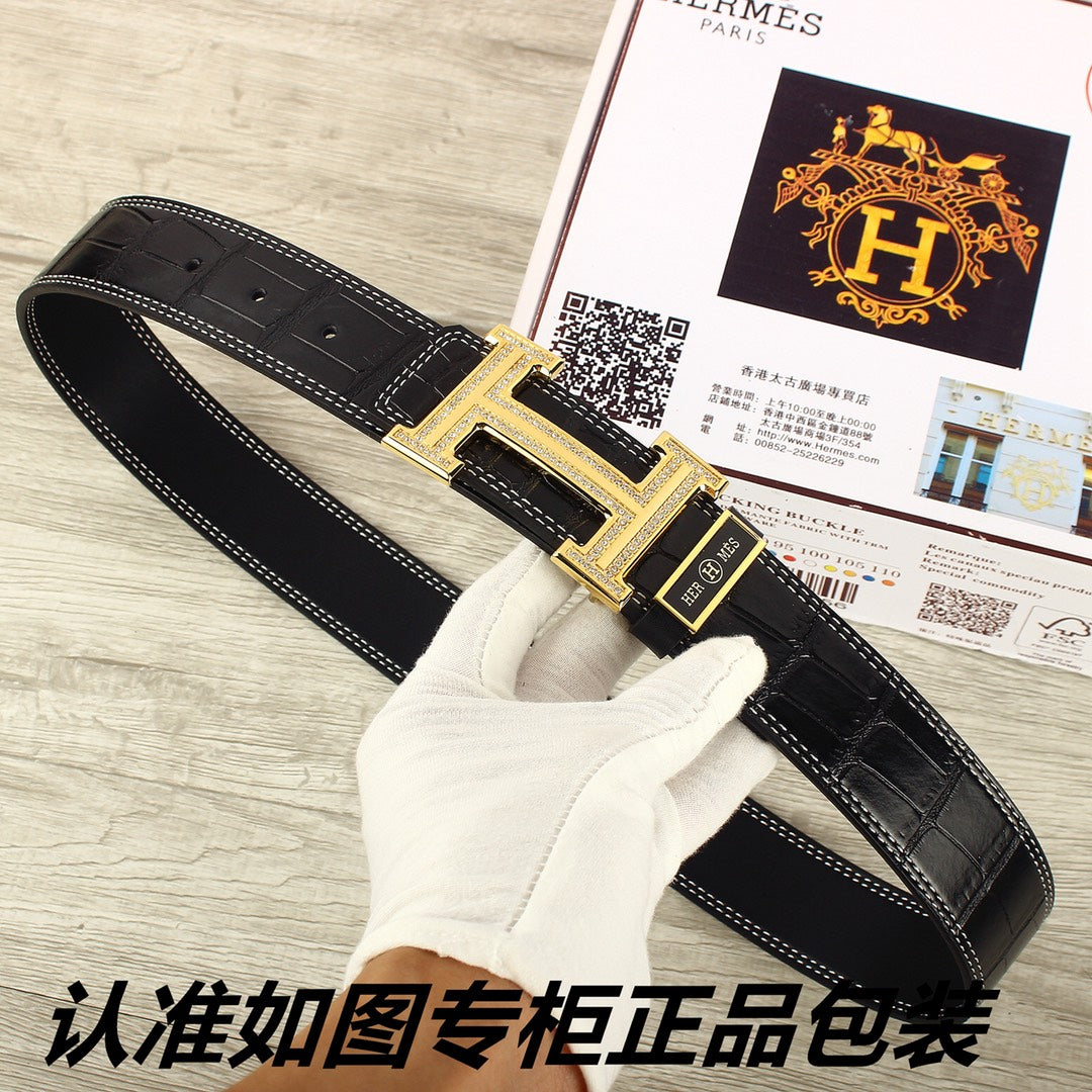 HM   Belt 38mm Black Crocodile Pattern Gold Buckle 620264