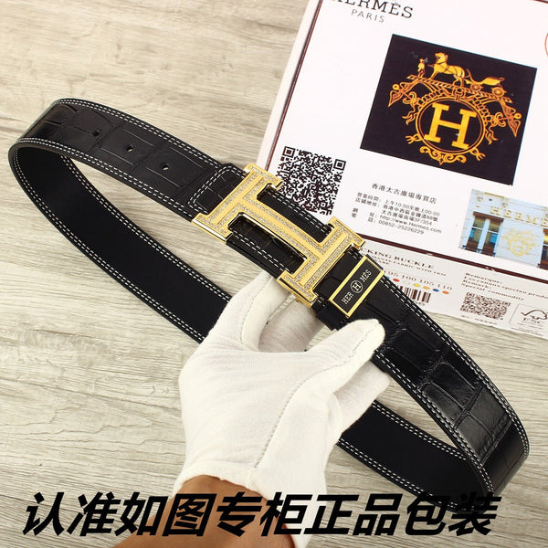 HM   Belt 38mm Black Crocodile Pattern Gold Buckle 620264