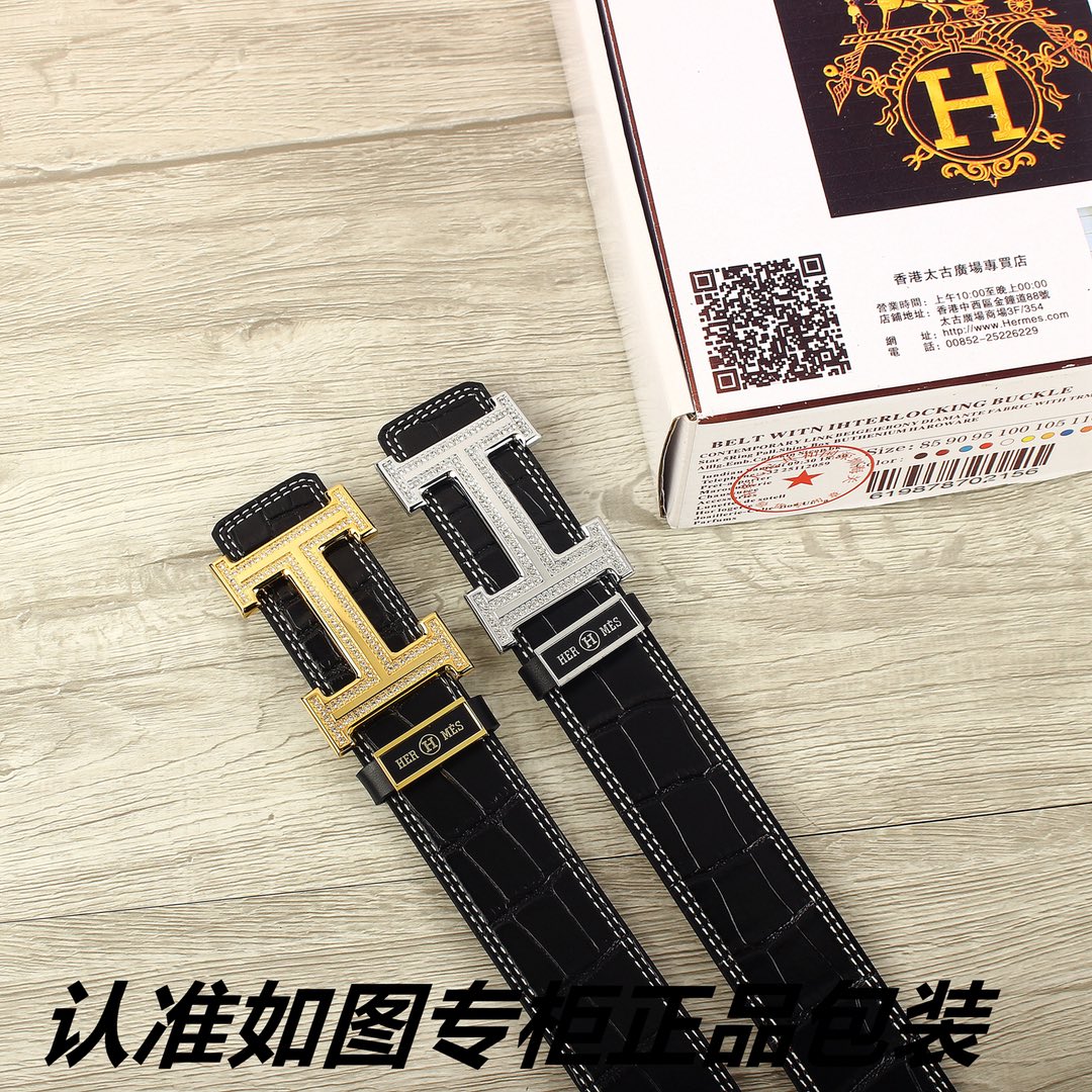 HM   Belt 38mm Black Crocodile Pattern Gold Buckle 620264