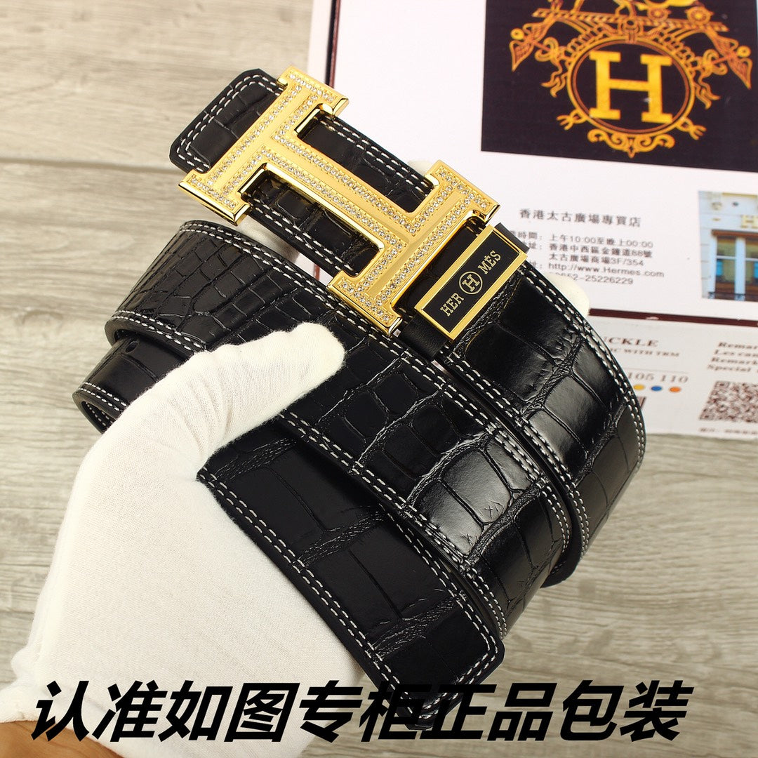 HM   Belt 38mm Black Crocodile Pattern Gold Buckle 620264
