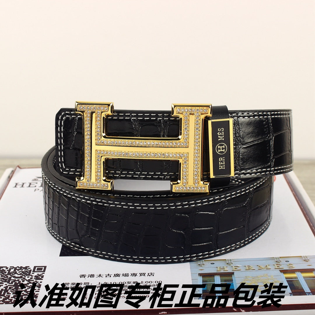 HM   Belt 38mm Black Crocodile Pattern Gold Buckle 620264
