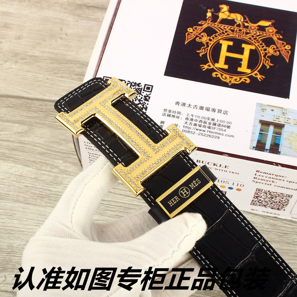 HM   Belt 38mm Black Crocodile Pattern Gold Buckle 620264