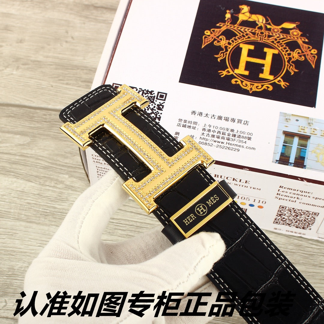 HM   Belt 38mm Black Crocodile Pattern Gold Buckle 620264