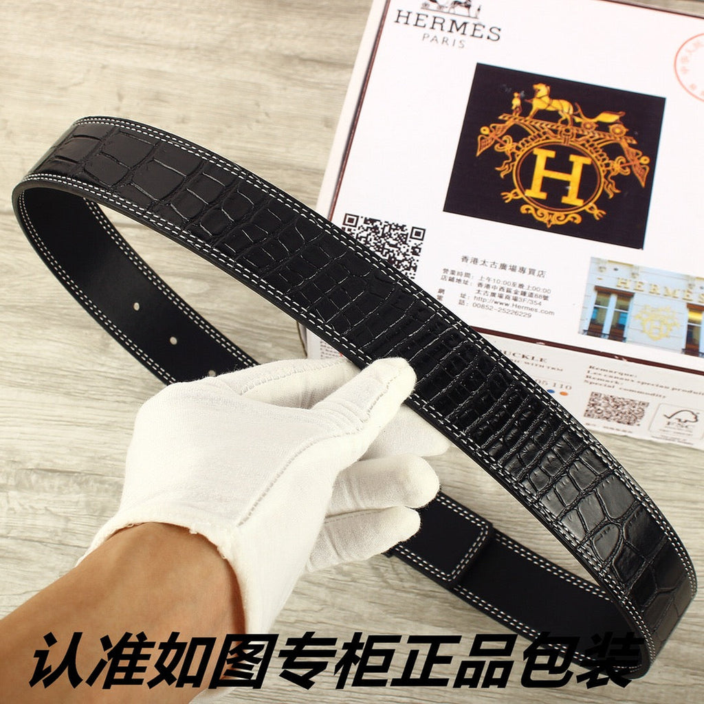 HM   Belt 38mm Black Crocodile Pattern Gold Buckle 620264