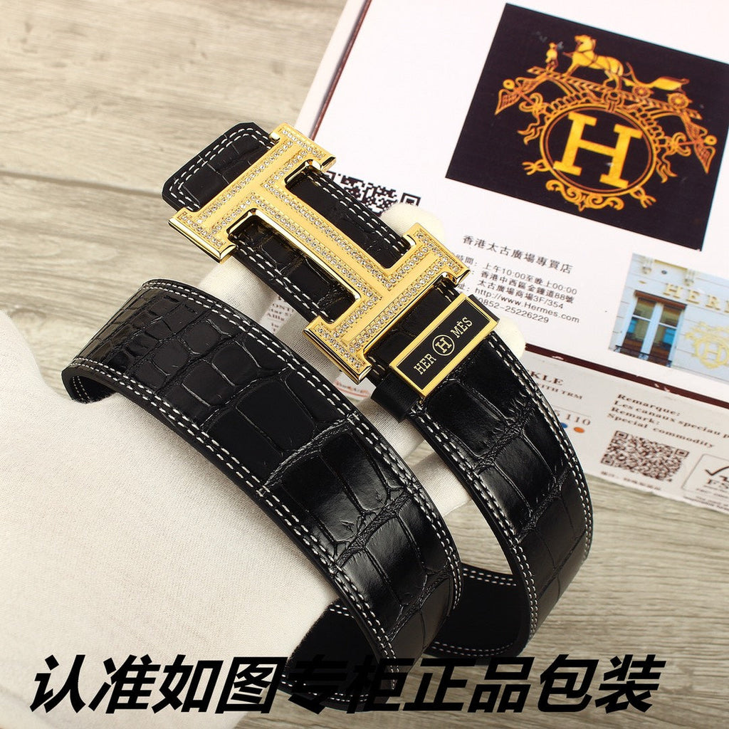 HM   Belt 38mm Black Crocodile Pattern Gold Buckle 620264