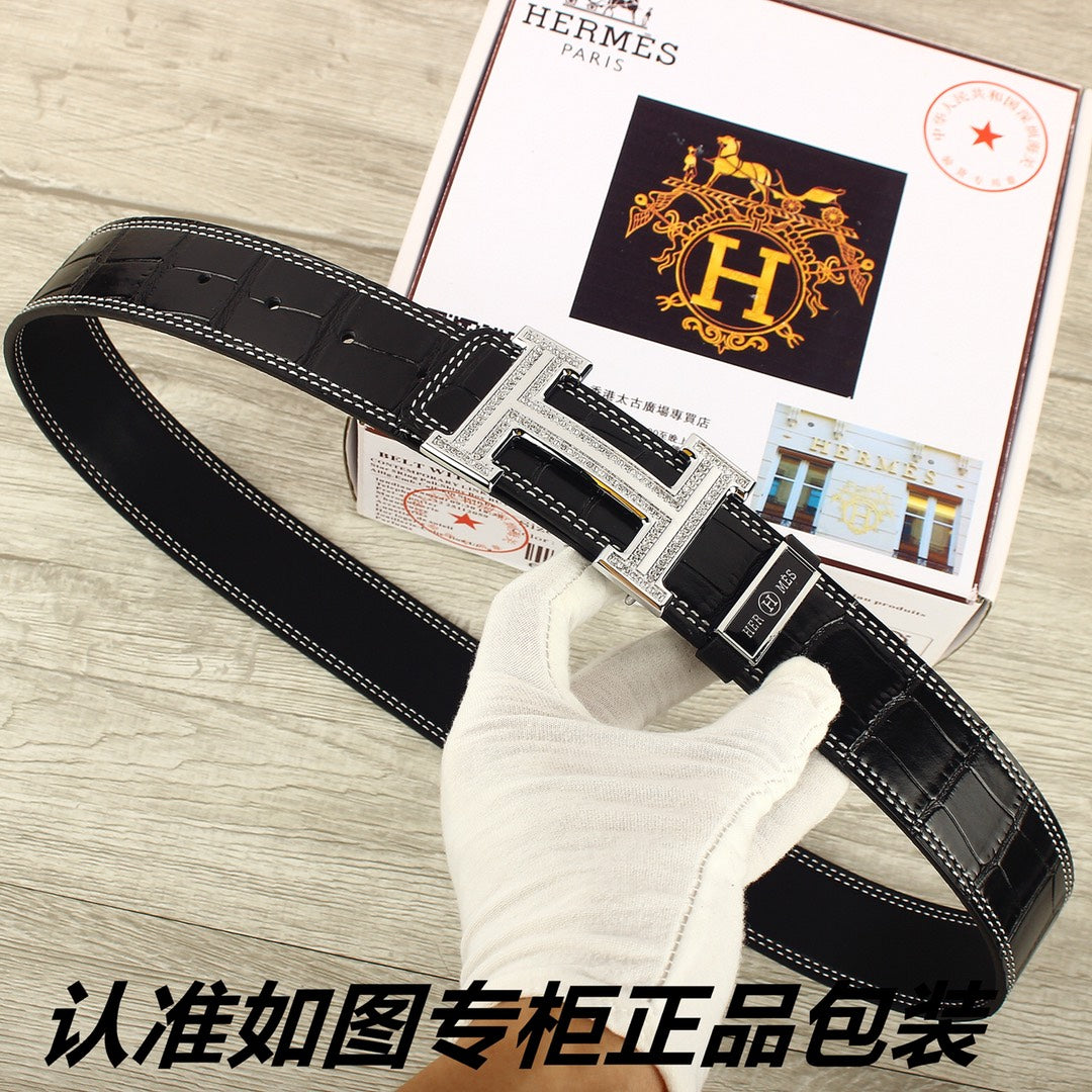HM   Belt 38mm Black Crocodile Pattern Sliver Buckle 620265