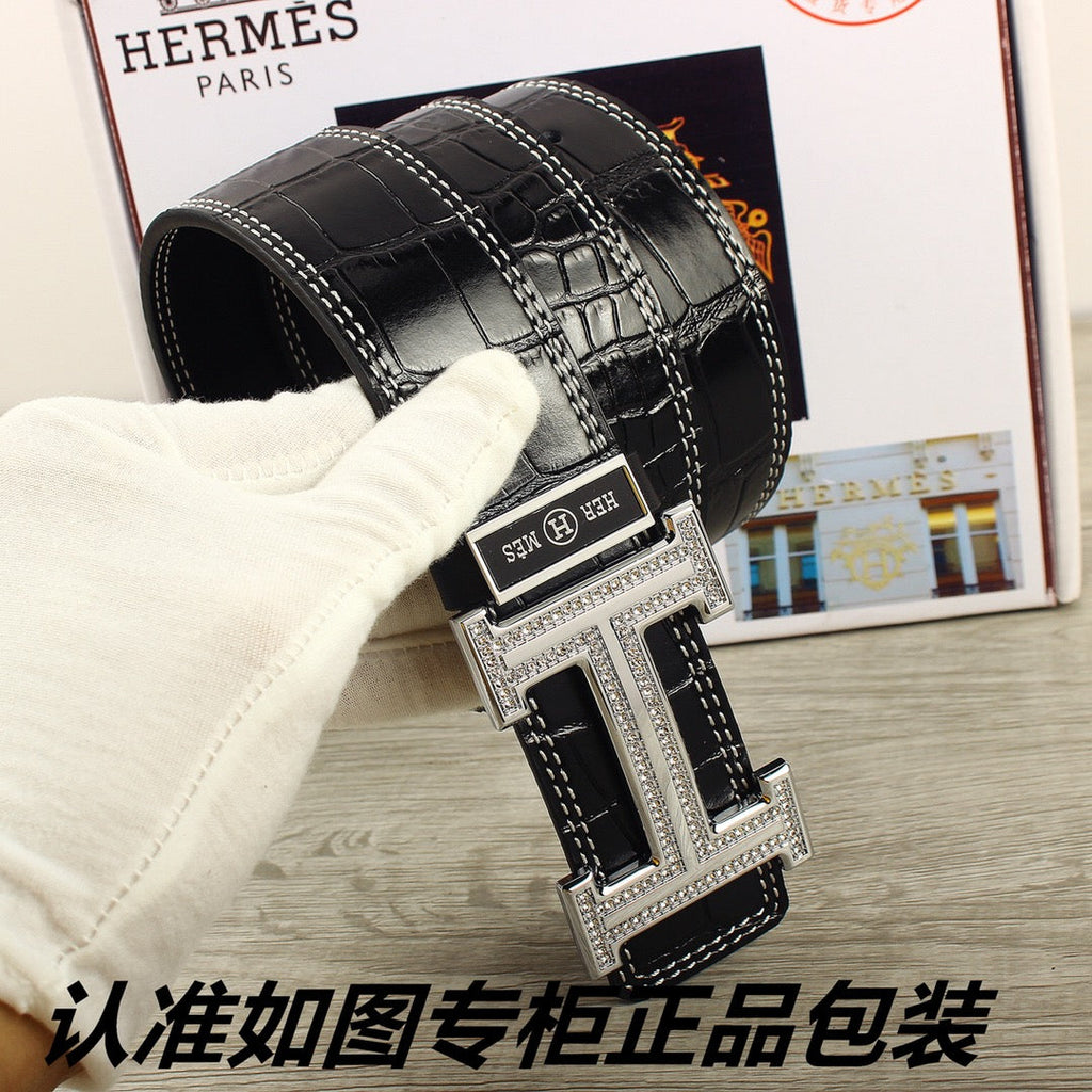 HM   Belt 38mm Black Crocodile Pattern Sliver Buckle 620265