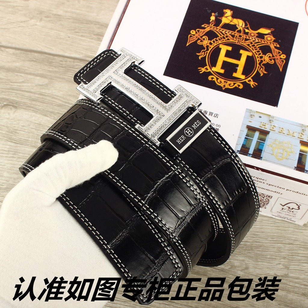 HM   Belt 38mm Black Crocodile Pattern Sliver Buckle 620265