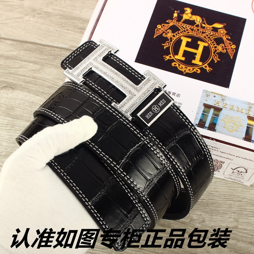 HM   Belt 38mm Black Crocodile Pattern Sliver Buckle 620265