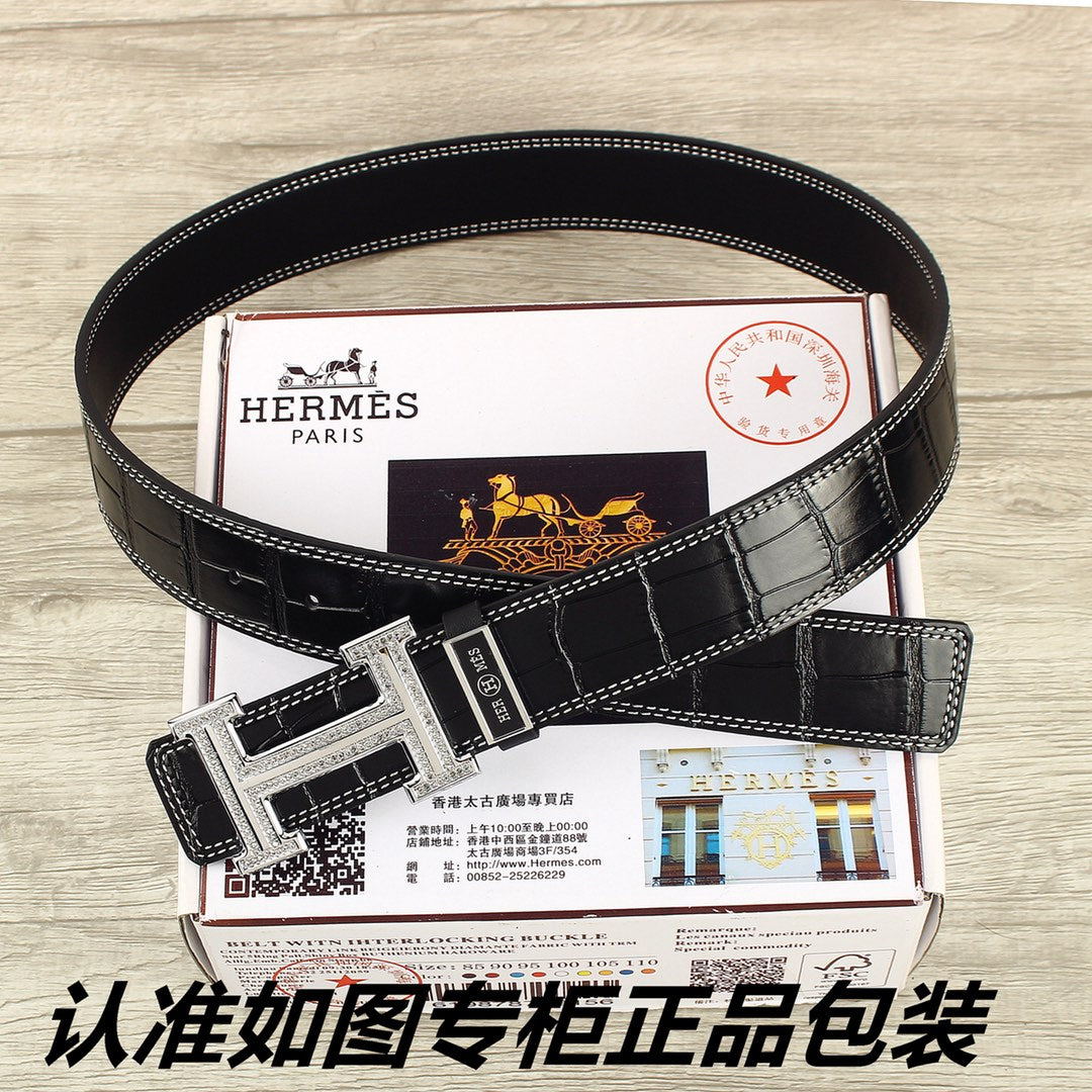 HM   Belt 38mm Black Crocodile Pattern Sliver Buckle 620265