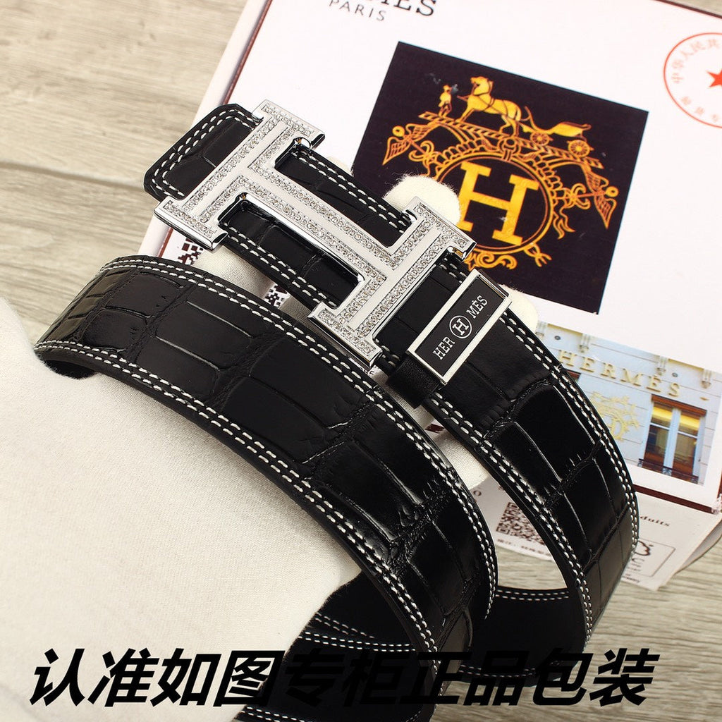 HM   Belt 38mm Black Crocodile Pattern Sliver Buckle 620265