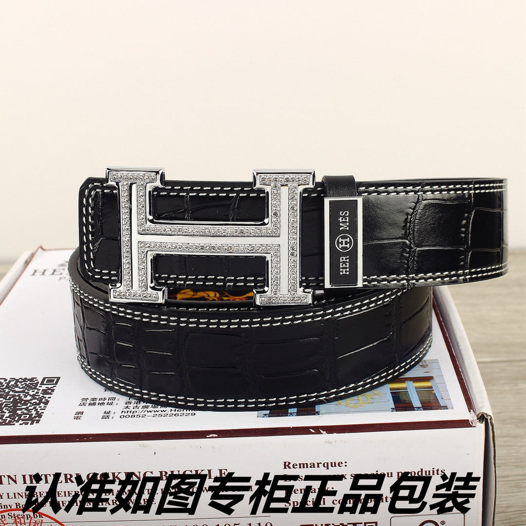 HM   Belt 38mm Black Crocodile Pattern Sliver Buckle 620265