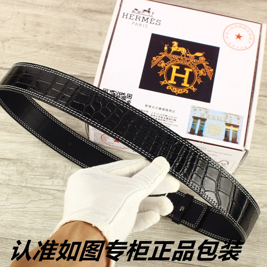 HM   Belt 38mm Black Crocodile Pattern Sliver Buckle 620265