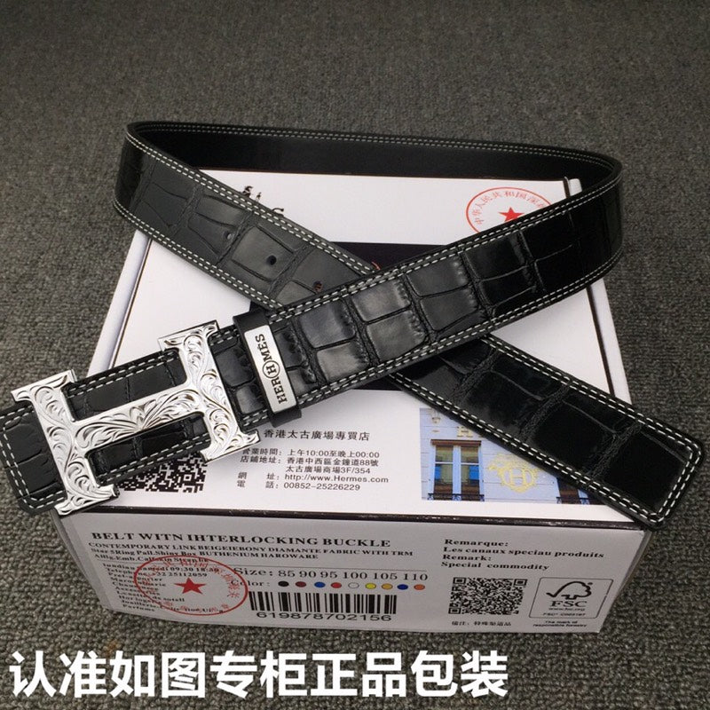 HM Belt 38mm Black Crocodile Leather Sliver Buckle 619362