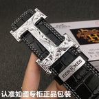 HM Belt 38mm Black Crocodile Leather Sliver Buckle 619362