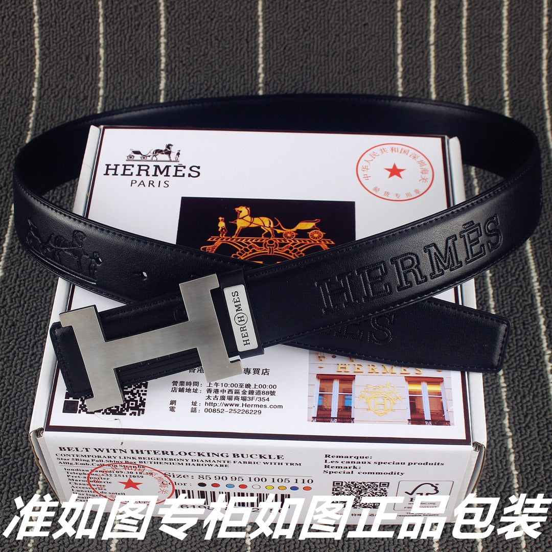 HM Constance Belt 38mm Black Calfskin Sliver Buckle 619960