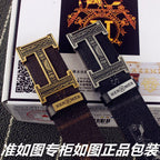 HM Double-sided Belt 38mm Black Cowhide Gold Buckle 620361