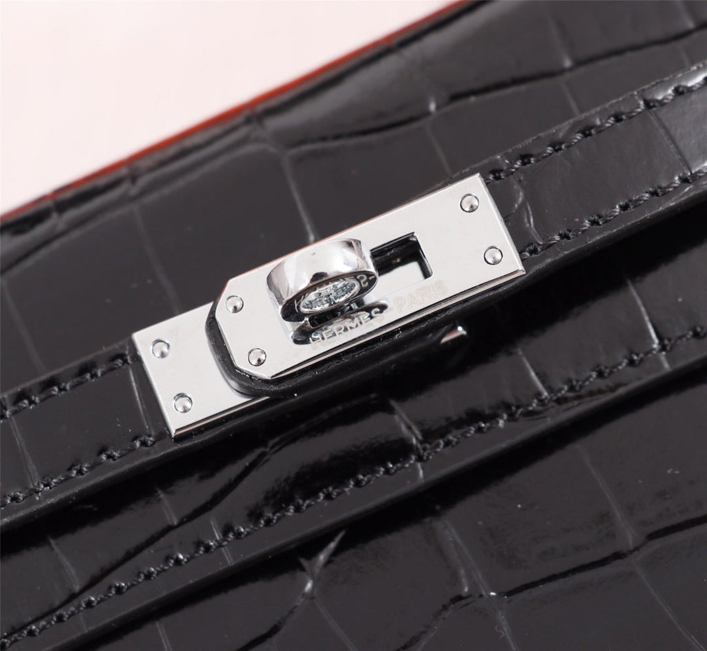 HM KELLY MINI 19.5 BLACK CROCODILE EMBOSSED CALFSKIN SILVER HARDWARE