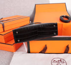HM KELLY MINI 19.5 BLACK CROCODILE EMBOSSED CALFSKIN SILVER HARDWARE