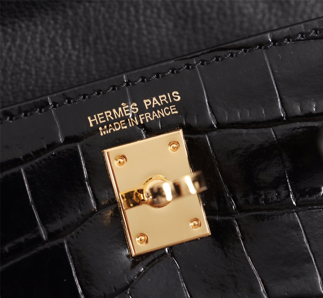 HM KELLY MINI 19.5 BLACK CROCODILE EMBOSSED CALFSKIN