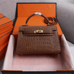 HM KELLY MINI 22 CHOCOLATE CROCODILE EMBOSSED CALFSKIN GOLD HARDWARE