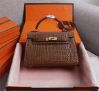 HM KELLY MINI 19 CHOCOLATE CROCODILE EMBOSSED CALFSKIN GOLD HARDWARE