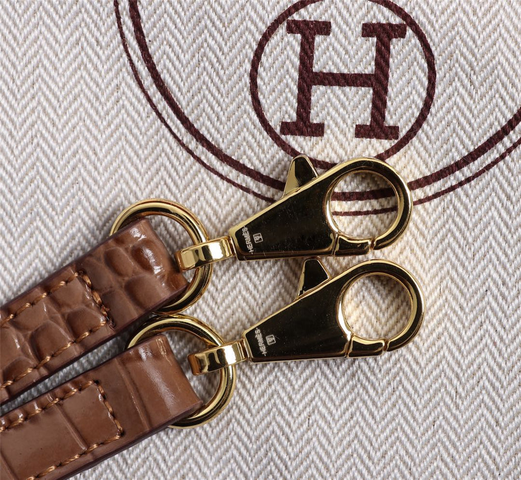 HM KELLY MINI 19 CHOCOLATE CROCODILE EMBOSSED CALFSKIN GOLD HARDWARE