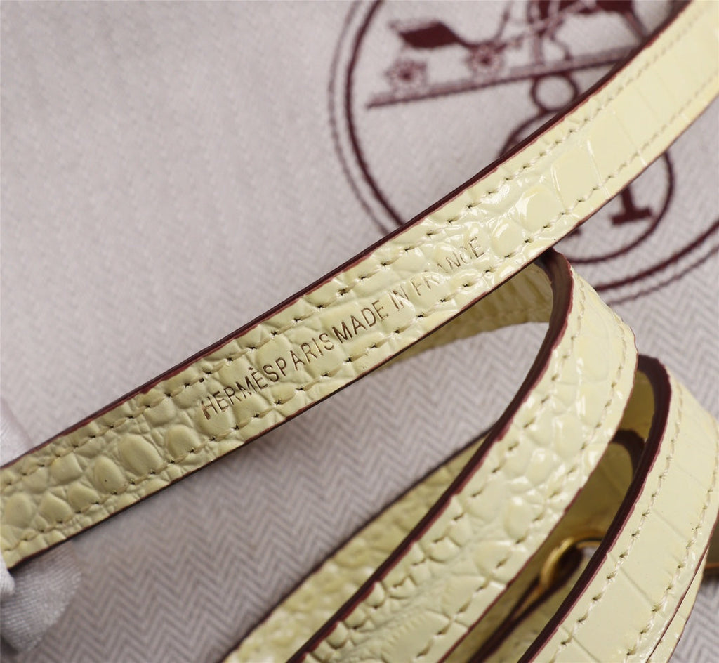 HM KELLY MINI 22 PASTEL YELLOW CROCODILE EMBOSSED CALFSKIN GOLD HARDWARE