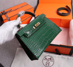 HM KELLY MINI 19 CASTLETON GREEN CROCODILE EMBOSSED CALFSKIN GOLD HARDWARE