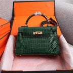 HM KELLY MINI 22 CASTLETON GREEN CROCODILE EMBOSSED CALFSKIN GOLD HARDWARE