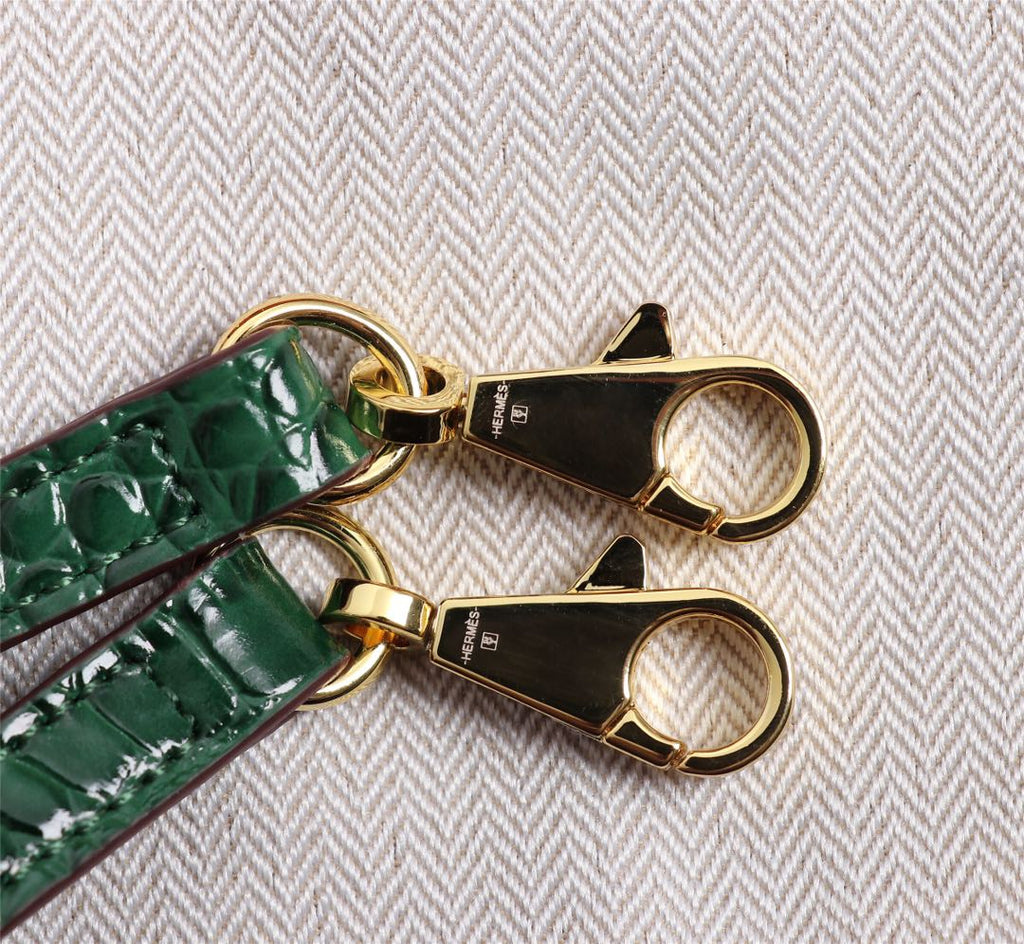 HM KELLY MINI 22 CASTLETON GREEN CROCODILE EMBOSSED CALFSKIN GOLD HARDWARE