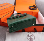 HM KELLY MINI 22 CASTLETON GREEN CROCODILE EMBOSSED CALFSKIN GOLD HARDWARE