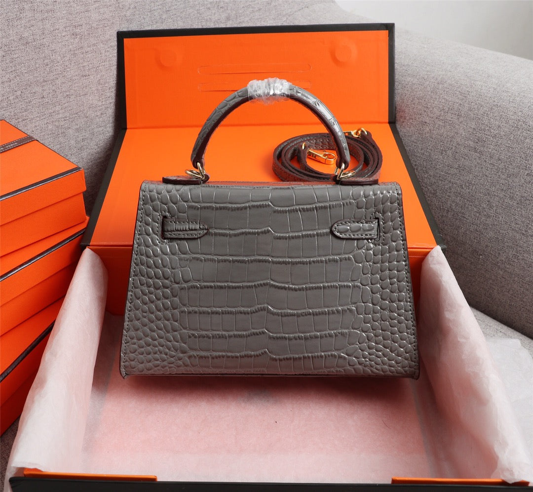 HM KELLY MINI 19 FOSSIL CROCODILE EMBOSSED CALFSKIN GOLD HARDWARE