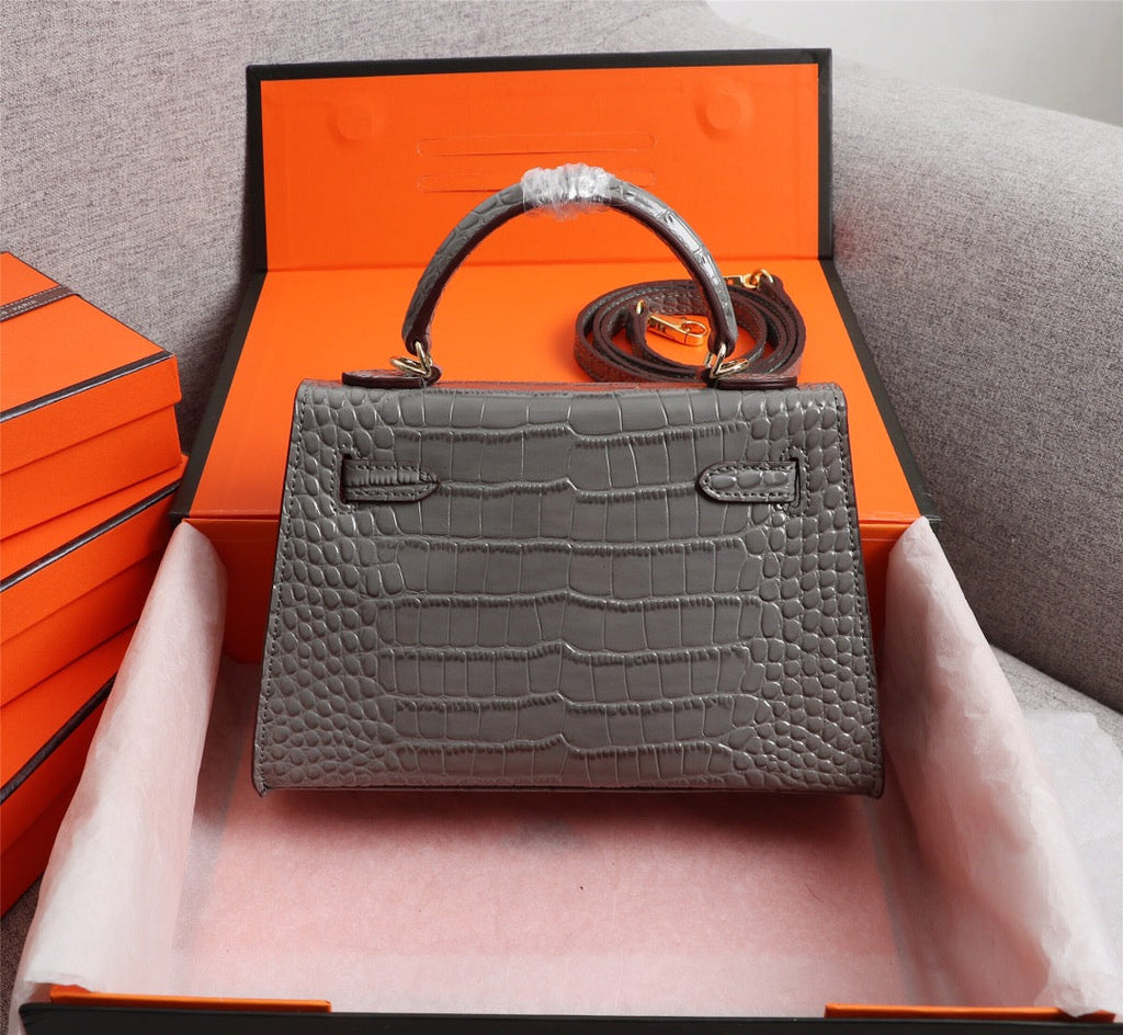 HM KELLY MINI 22 FOSSIL CROCODILE EMBOSSED CALFSKIN GOLD HARDWARE