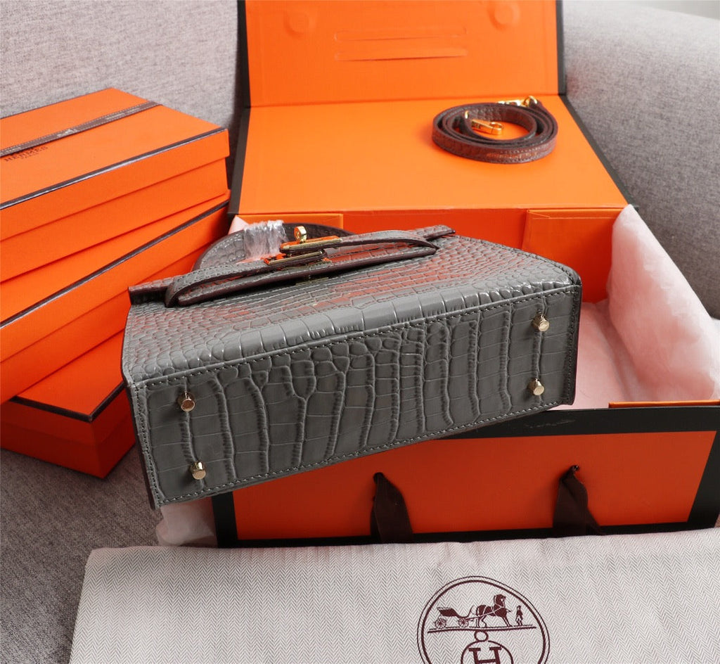 HM KELLY MINI 19 FOSSIL CROCODILE EMBOSSED CALFSKIN GOLD HARDWARE