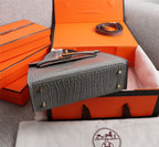 HM KELLY MINI 19 FOSSIL CROCODILE EMBOSSED CALFSKIN GOLD HARDWARE