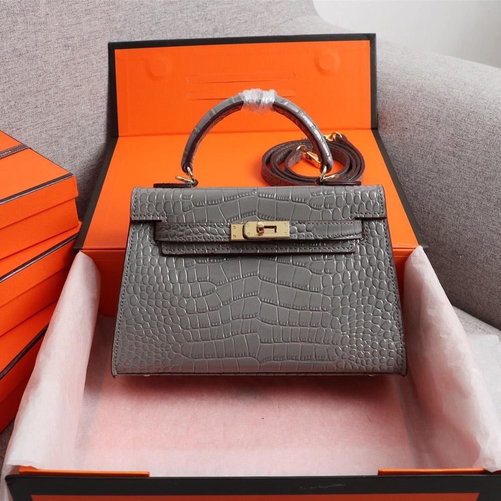 HM KELLY MINI 22 FOSSIL CROCODILE EMBOSSED CALFSKIN GOLD HARDWARE