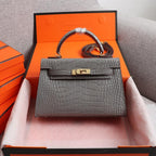HM KELLY MINI 19 FOSSIL CROCODILE EMBOSSED CALFSKIN GOLD HARDWARE