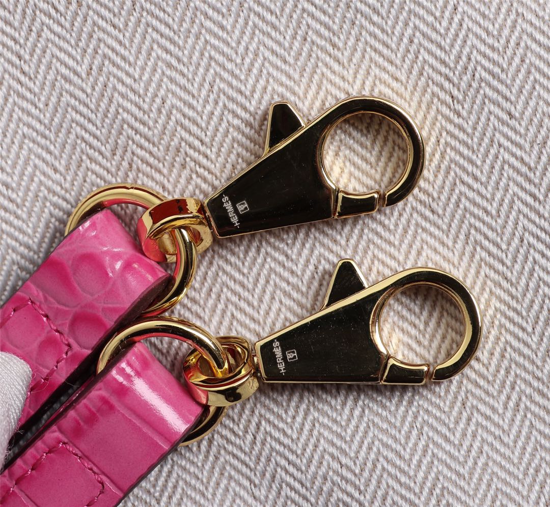 HM KELLY MINI 22 DEEP PINK CROCODILE EMBOSSED CALFSKIN GOLD HARDWARE