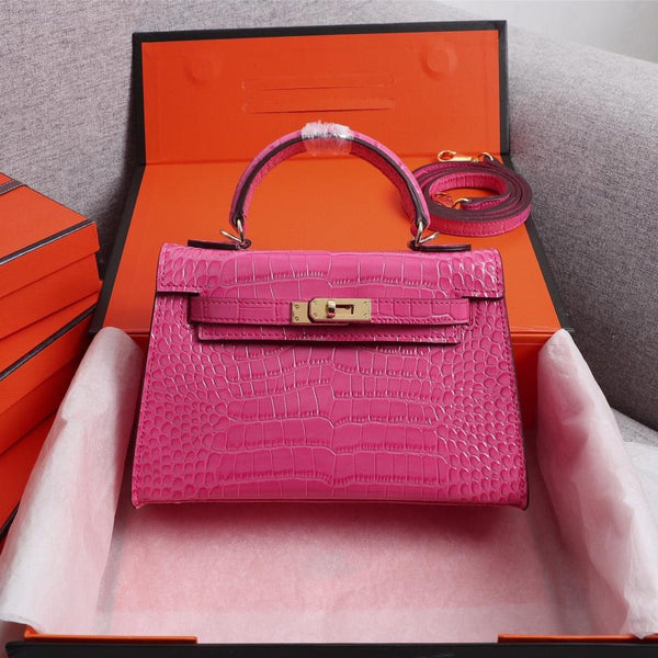 HM KELLY MINI 22 DEEP PINK CROCODILE EMBOSSED CALFSKIN GOLD HARDWARE