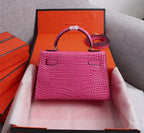 HM KELLY MINI 19 DEEP PINK CROCODILE EMBOSSED COWHIDE GOLD HARDWARE
