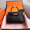 HM KELLY MINI 22 BLACK CROCODILE EMBOSSED CALFSKIN GOLD HARDWARE