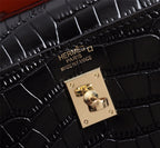 HM KELLY MINI 19 BLACK CROCODILE EMBOSSED CALFSKIN GOLD HARDWARE