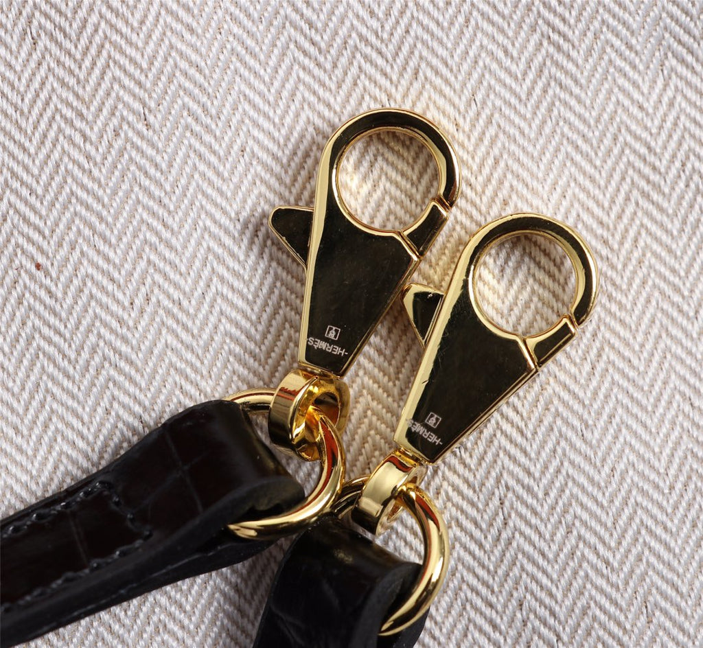 HM KELLY MINI 22 BLACK CROCODILE EMBOSSED CALFSKIN GOLD HARDWARE