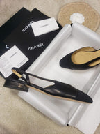 CC Slingback Flat Beige Lambskin Black Grosgrain Lambskin