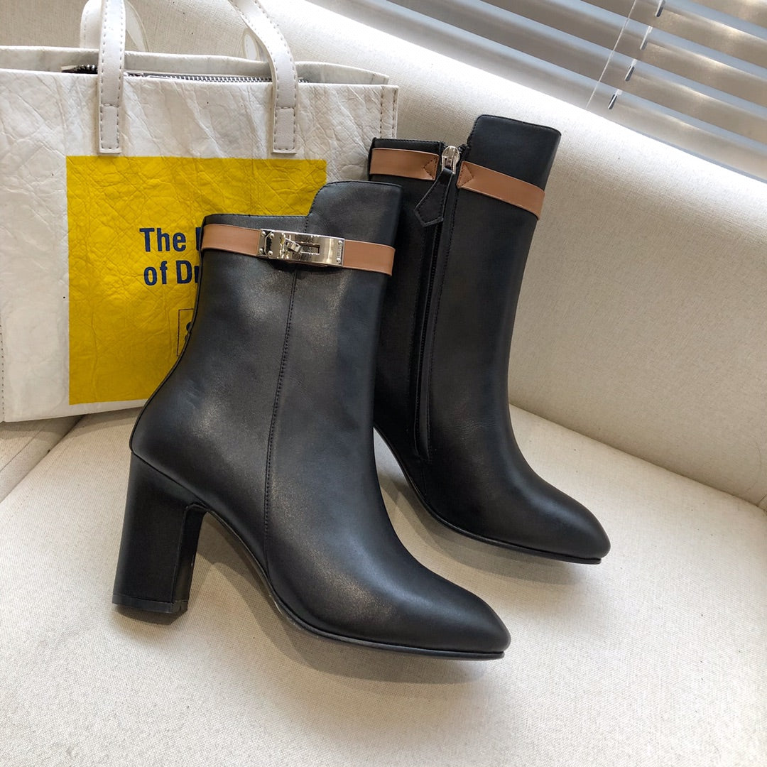 HM Classic Kelly High-Heeled Boots Brown Black Cowhide 546216