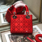 LADY 24 HANDBAG EMBOSSED DIAMOND IN CHERRY RED CALFSKIN