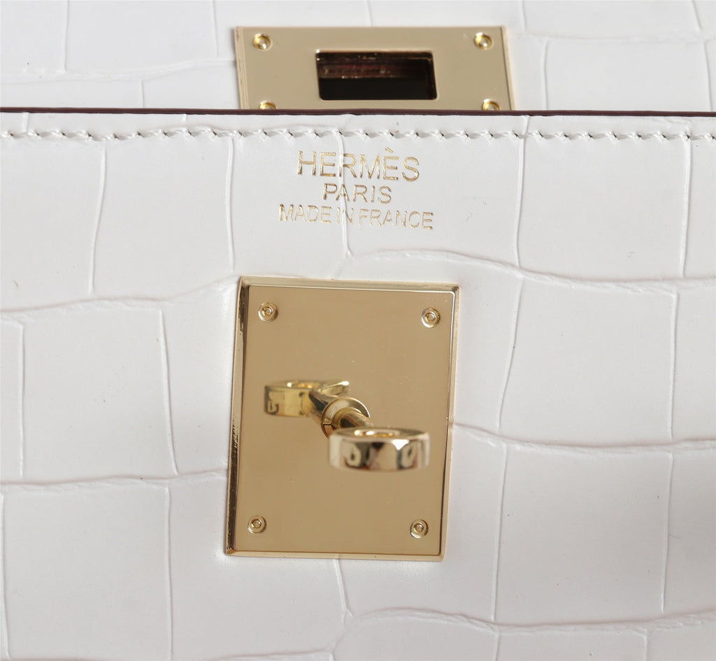 HM KELLY BAG 28 WHITE CROCODILE EMBOSSED CALFSKIN