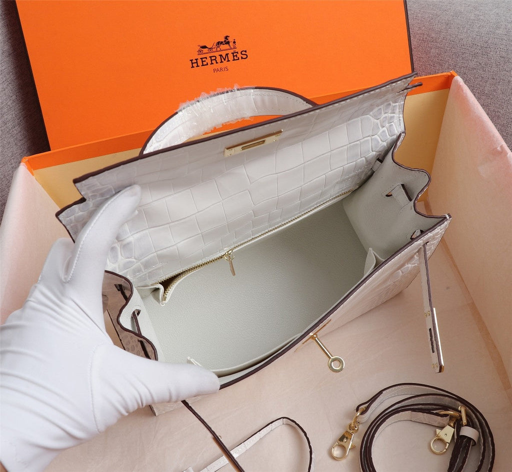 HM KELLY BAG 28 WHITE CROCODILE EMBOSSED CALFSKIN